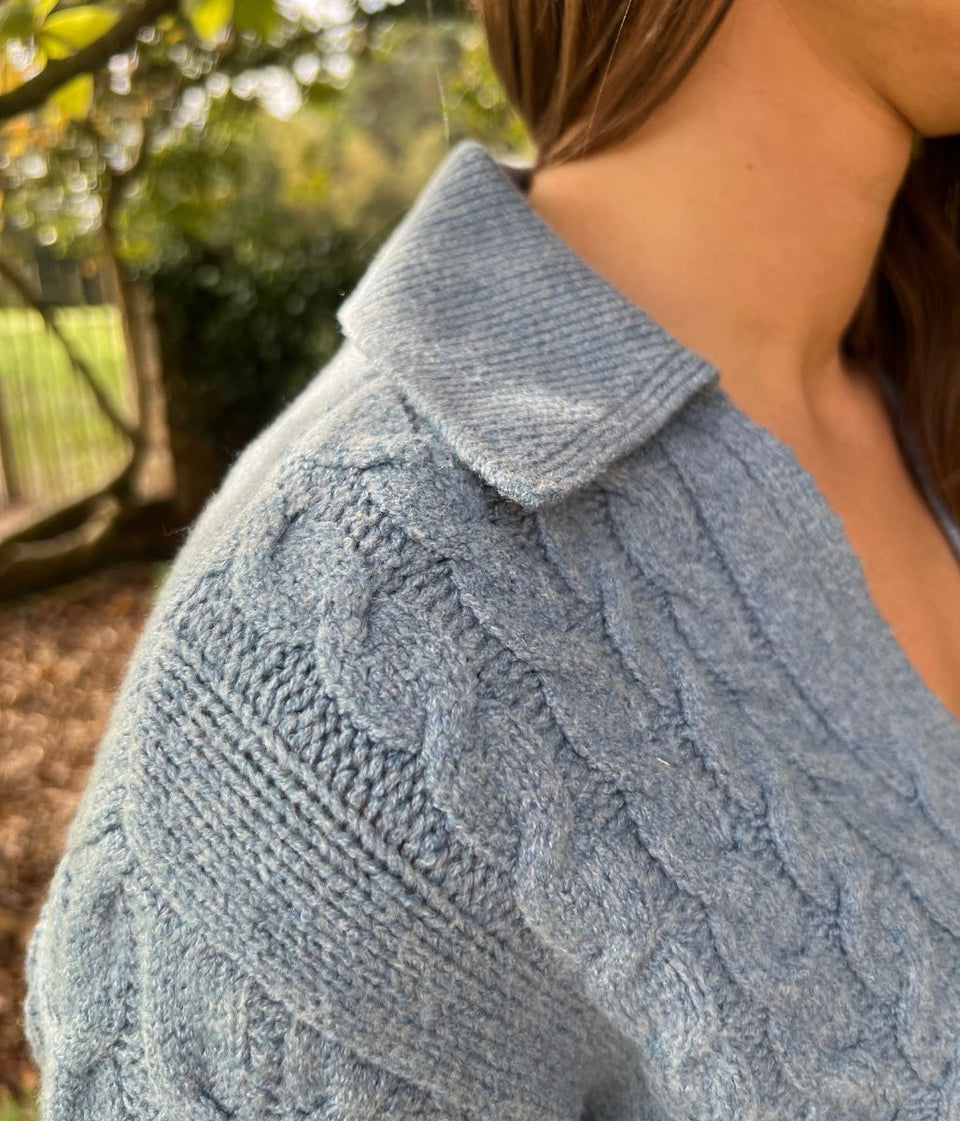 Blue Collared Cable Knit V Neck Jumper