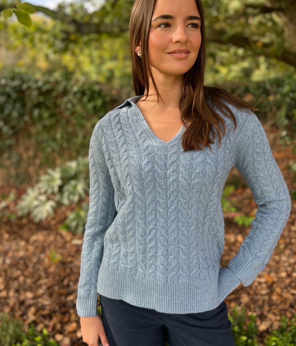 Blue Collared Cable Knit V Neck Jumper