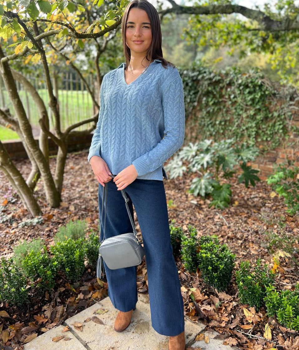 Blue Collared Cable Knit V Neck Jumper