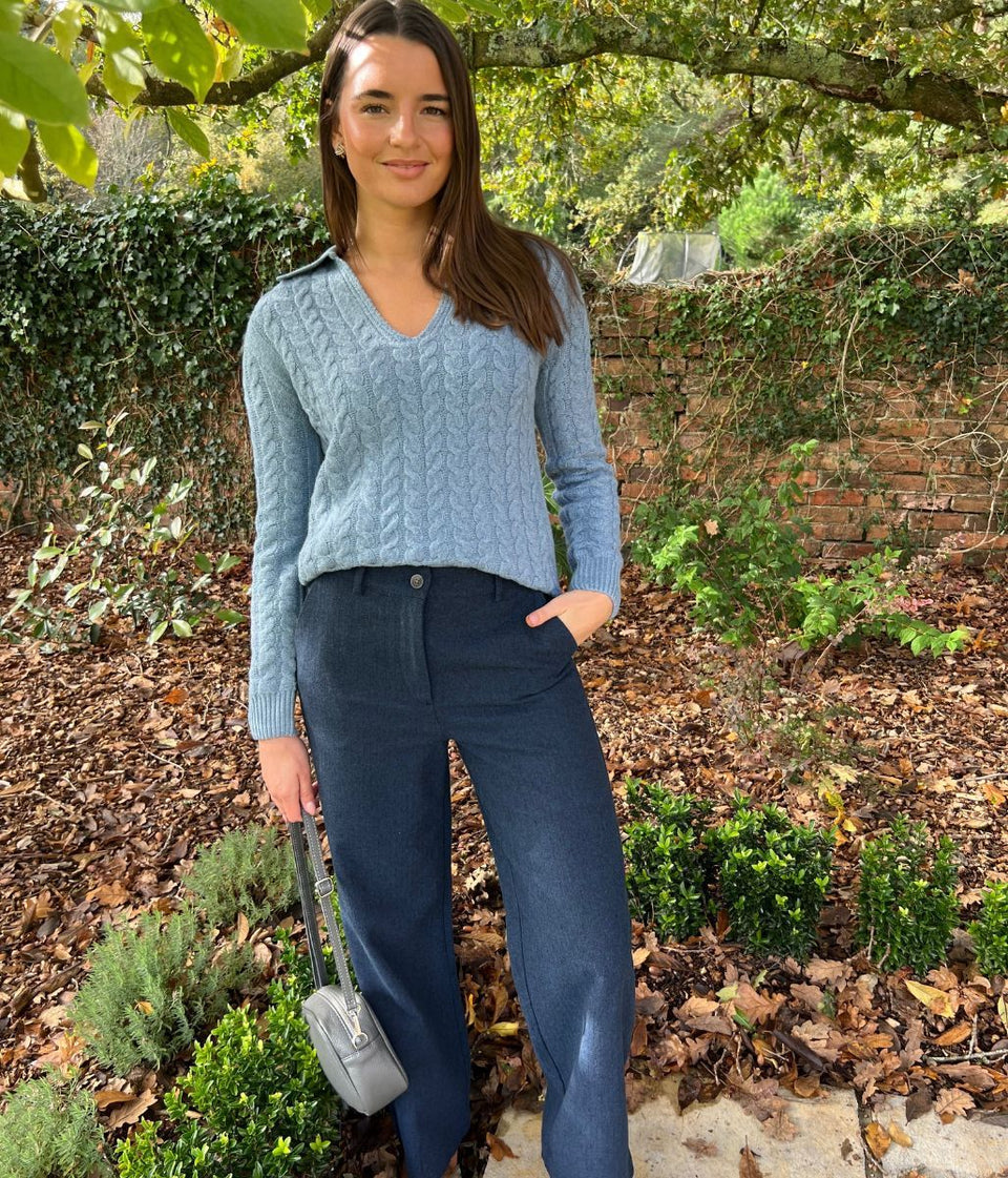 Blue Collared Cable Knit V Neck Jumper