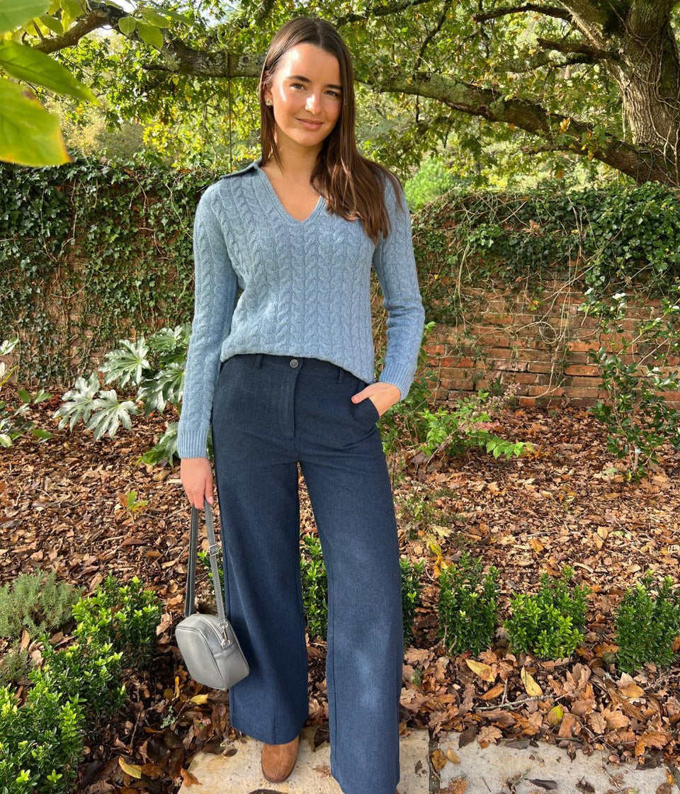 Blue Collared Cable Knit V Neck Jumper