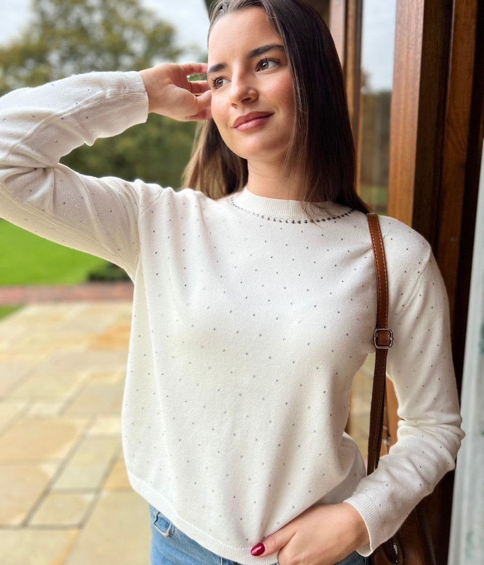 Ivory Diamante Fine Knit Jumper - Seconds