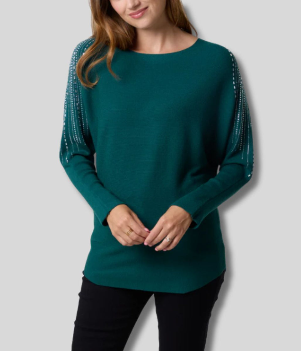 Green Diamante Sleeve Embellished Jumper