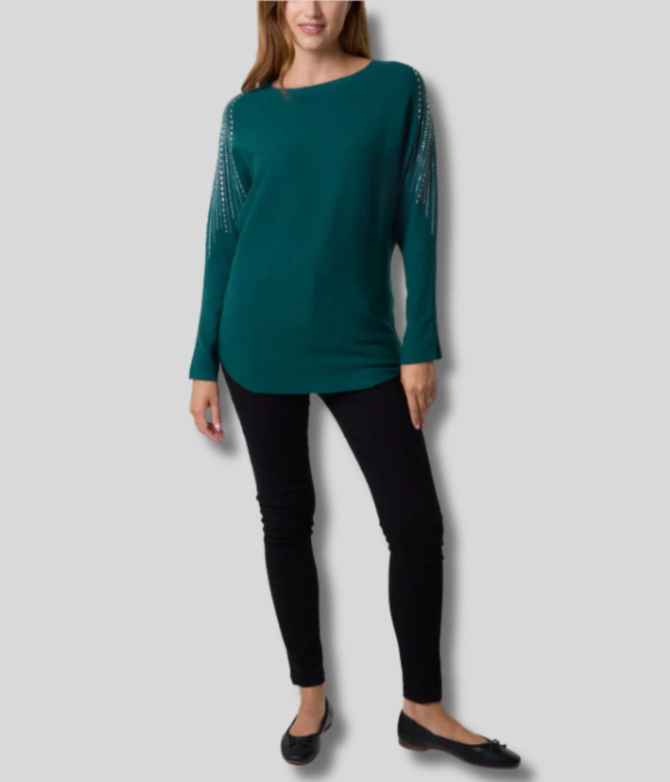Green Diamante Sleeve Embellished Jumper
