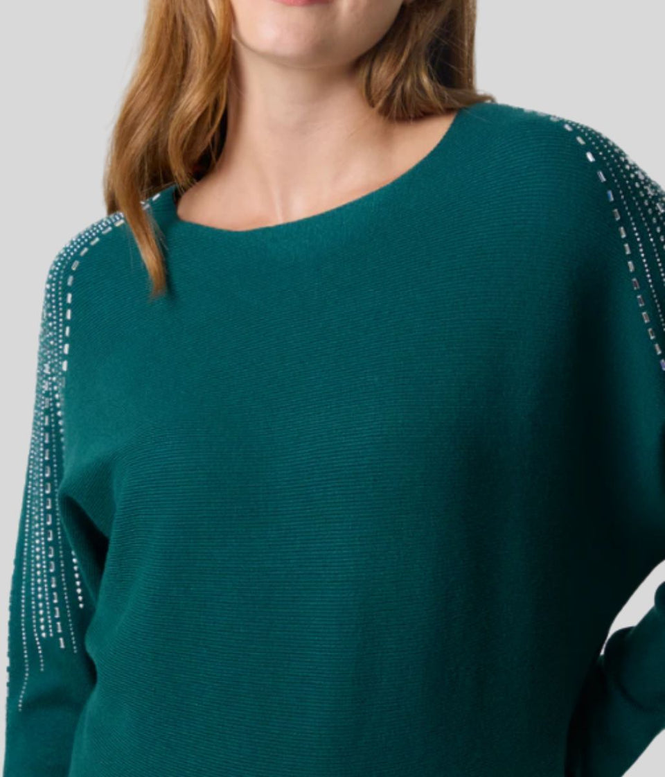Green Diamante Sleeve Embellished Jumper
