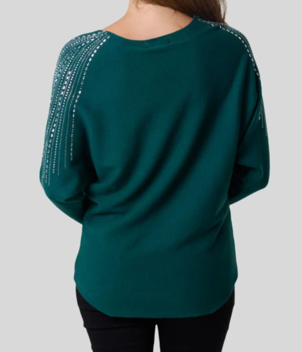 Green Diamante Sleeve Embellished Jumper
