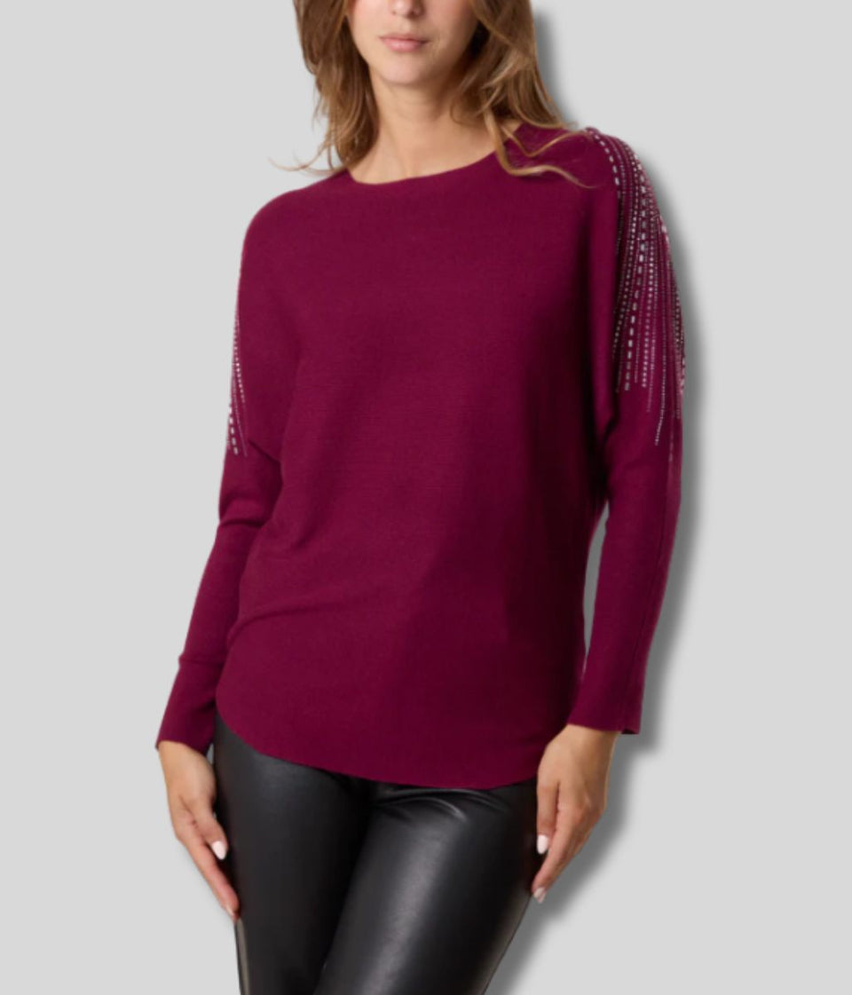 Berry Diamante Sleeve Embellished Jumper