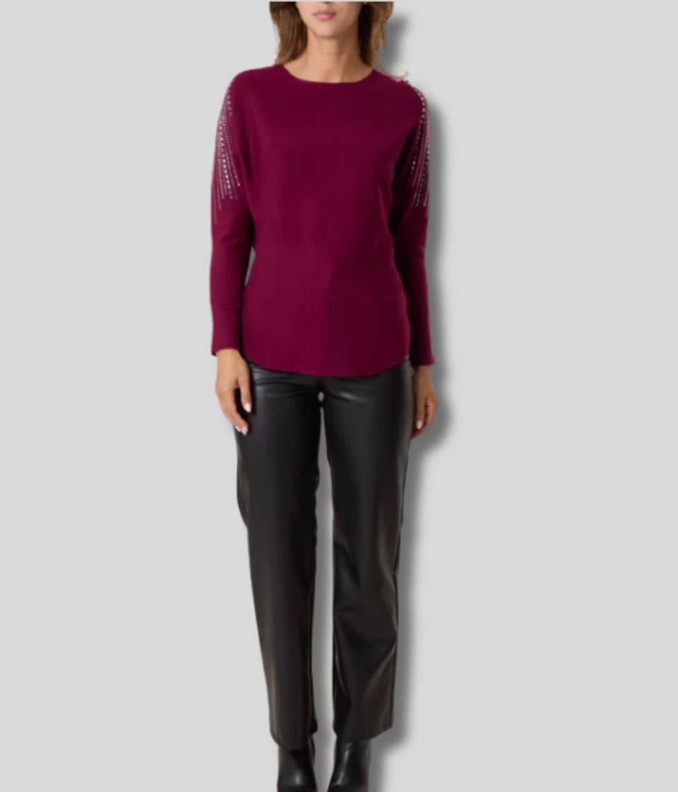 Berry Diamante Sleeve Embellished Jumper