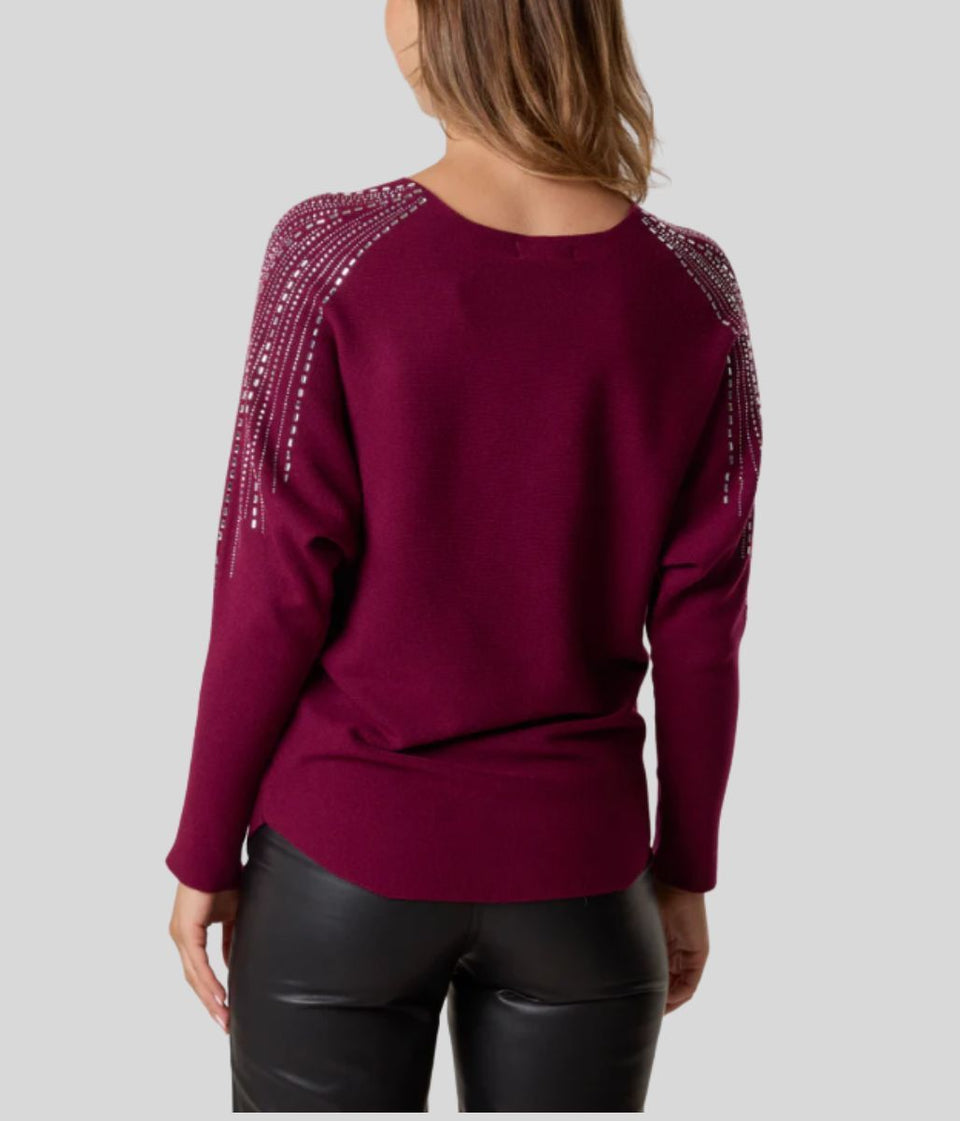 Berry Diamante Sleeve Embellished Jumper