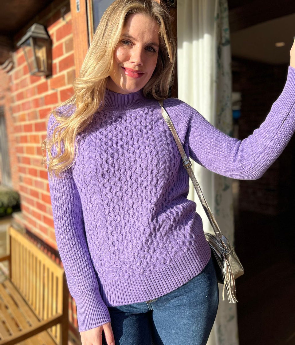 Lilac Funnel Neck Cable Knit Jumper