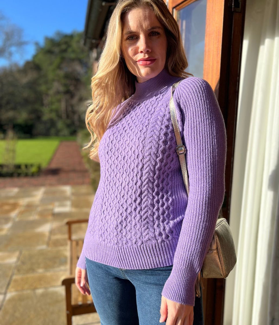 Lilac Funnel Neck Cable Knit Jumper