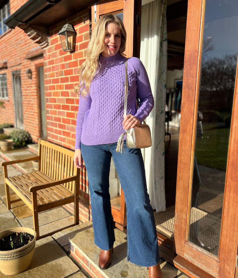Lilac Funnel Neck Cable Knit Jumper