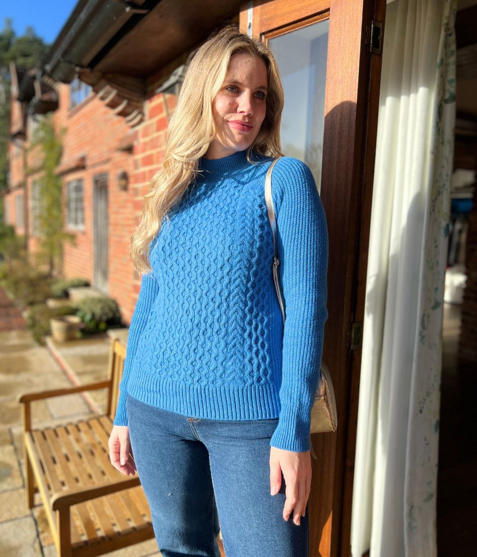 Blue Funnel Neck Cable Knit Jumper
