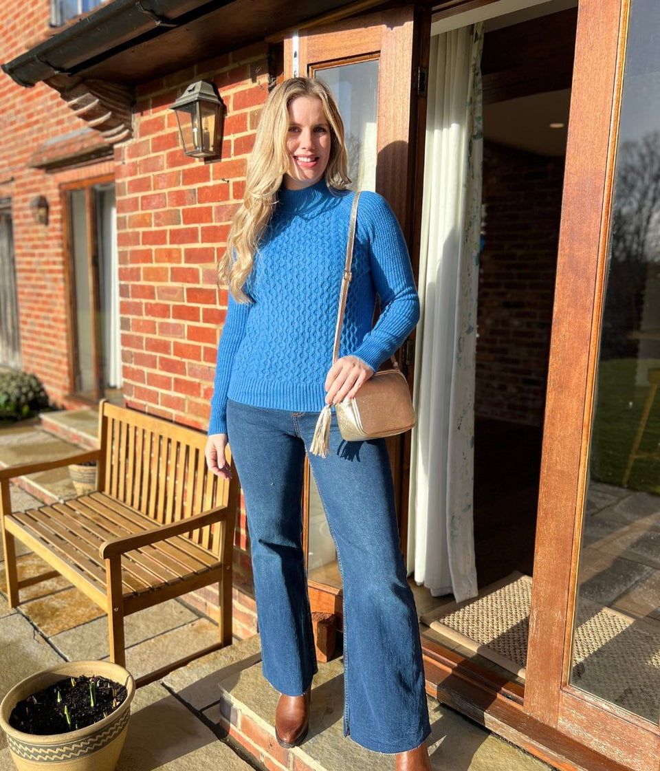 Blue Funnel Neck Cable Knit Jumper