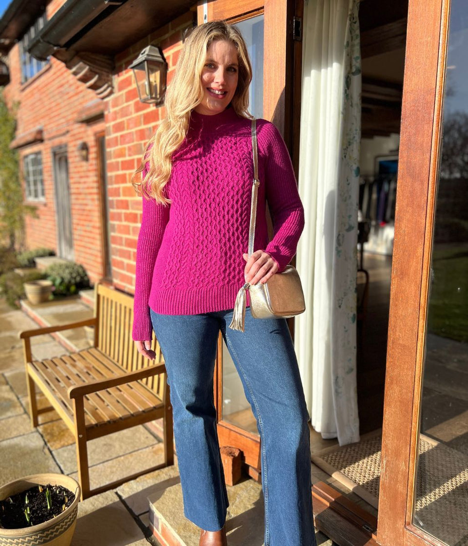 Pink Funnel Neck Cable Knit Jumper
