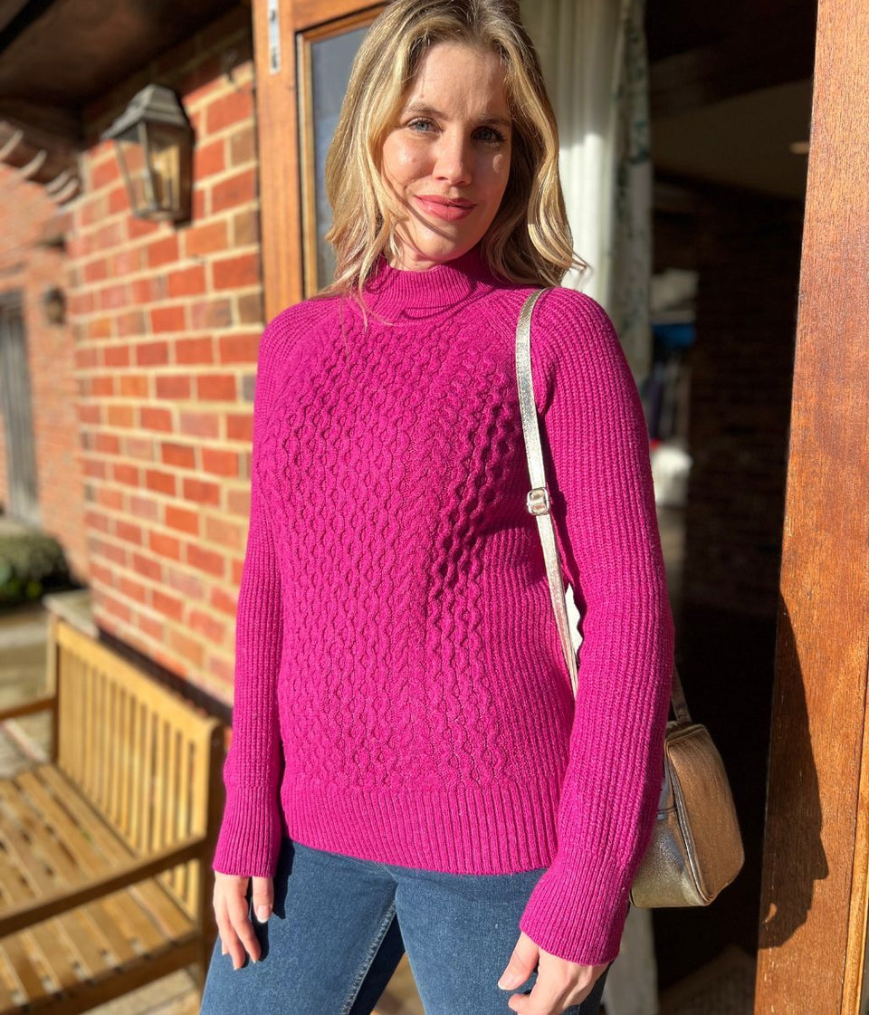 Pink Funnel Neck Cable Knit Jumper