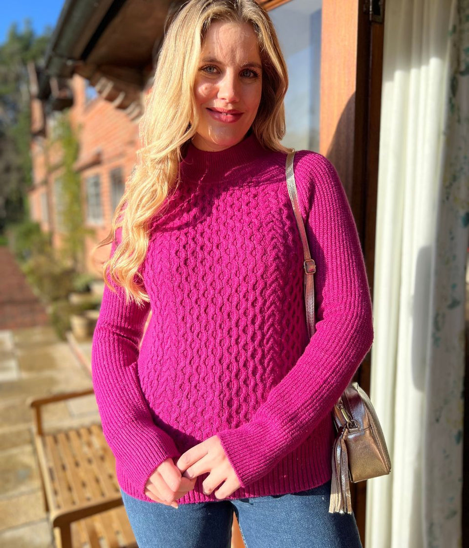 Pink Funnel Neck Cable Knit Jumper