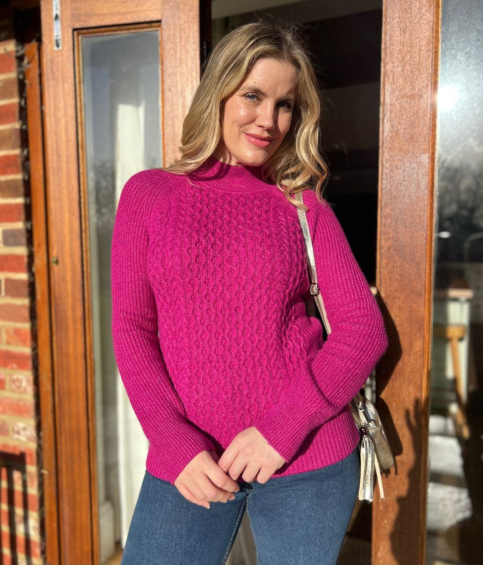 Pink Funnel Neck Cable Knit Jumper