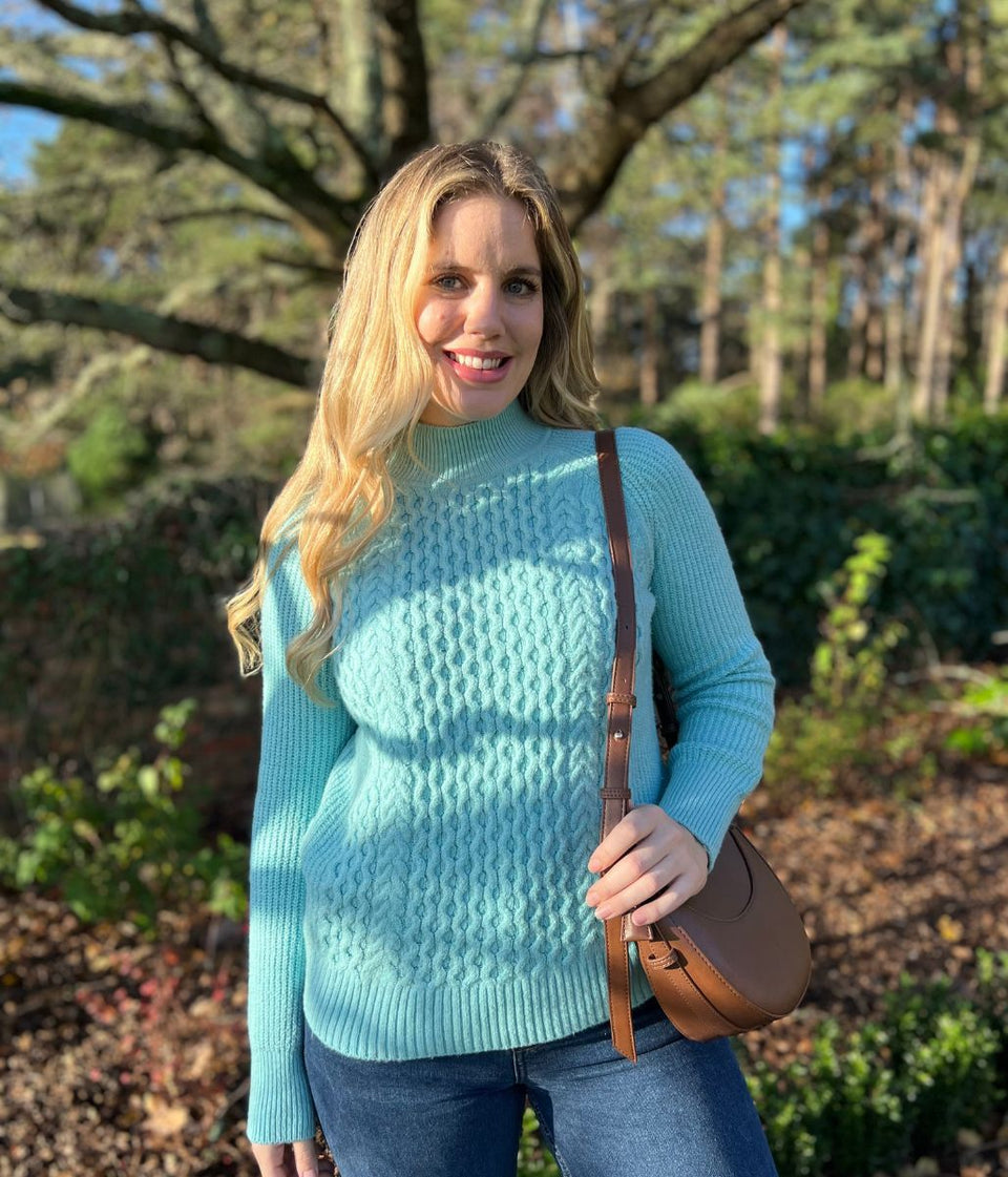 Aqua Funnel Neck Cable Knit Jumper