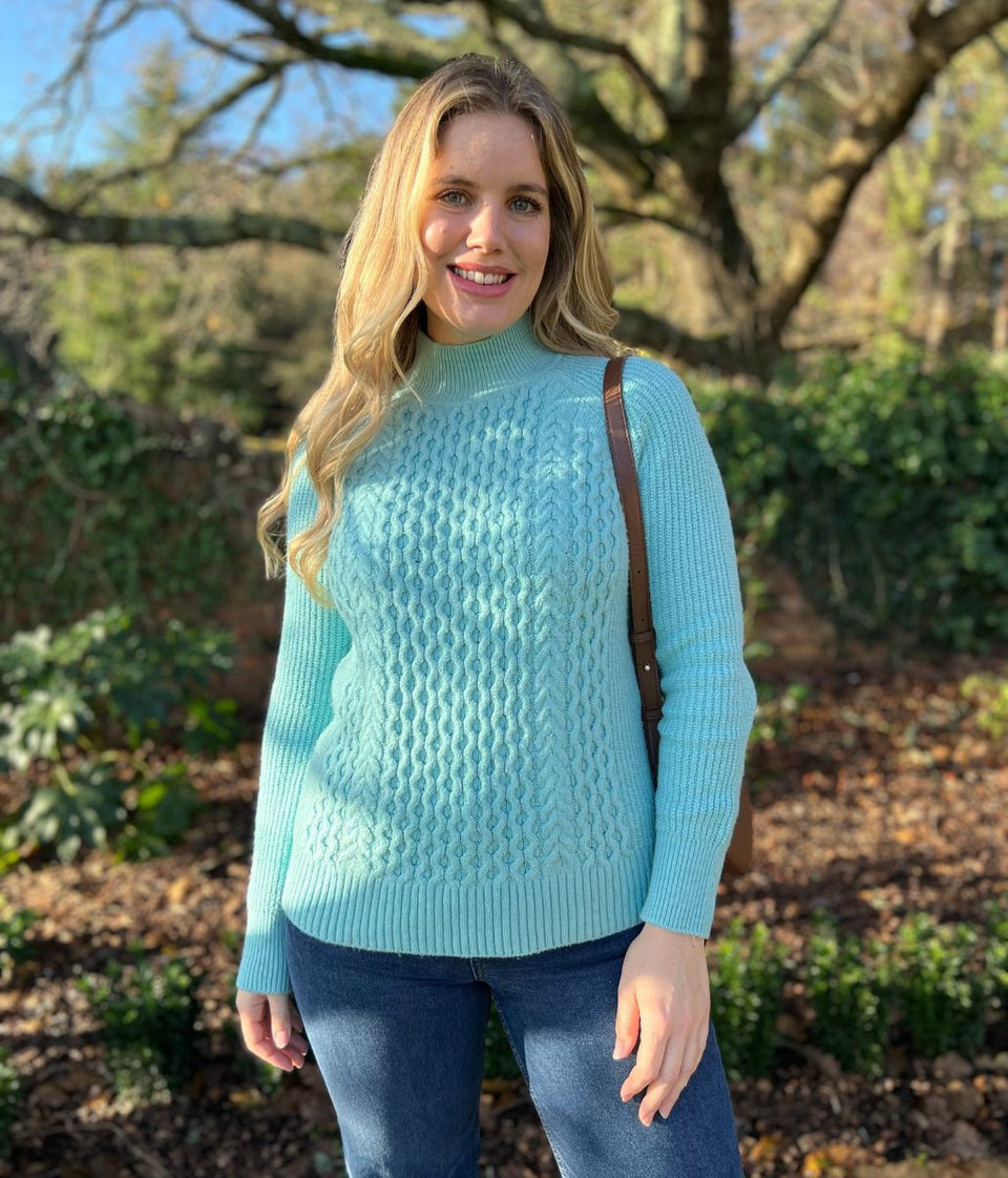 Aqua Funnel Neck Cable Knit Jumper