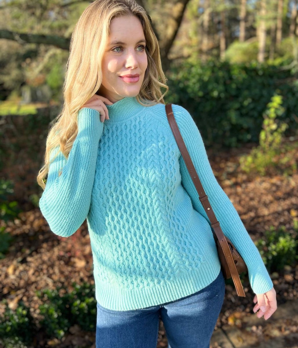 Aqua Funnel Neck Cable Knit Jumper
