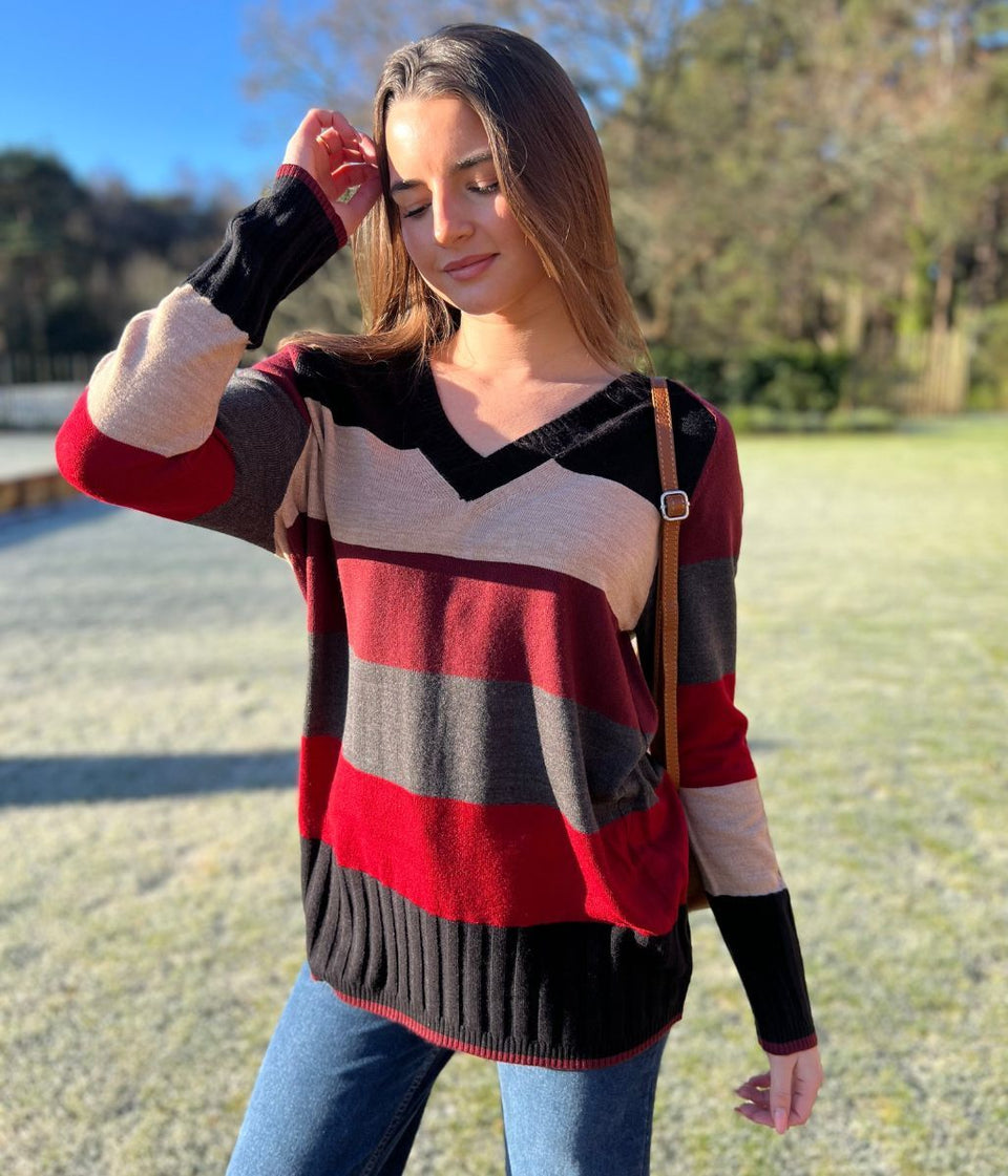 Striped Longline V Neck Tunic Jumper