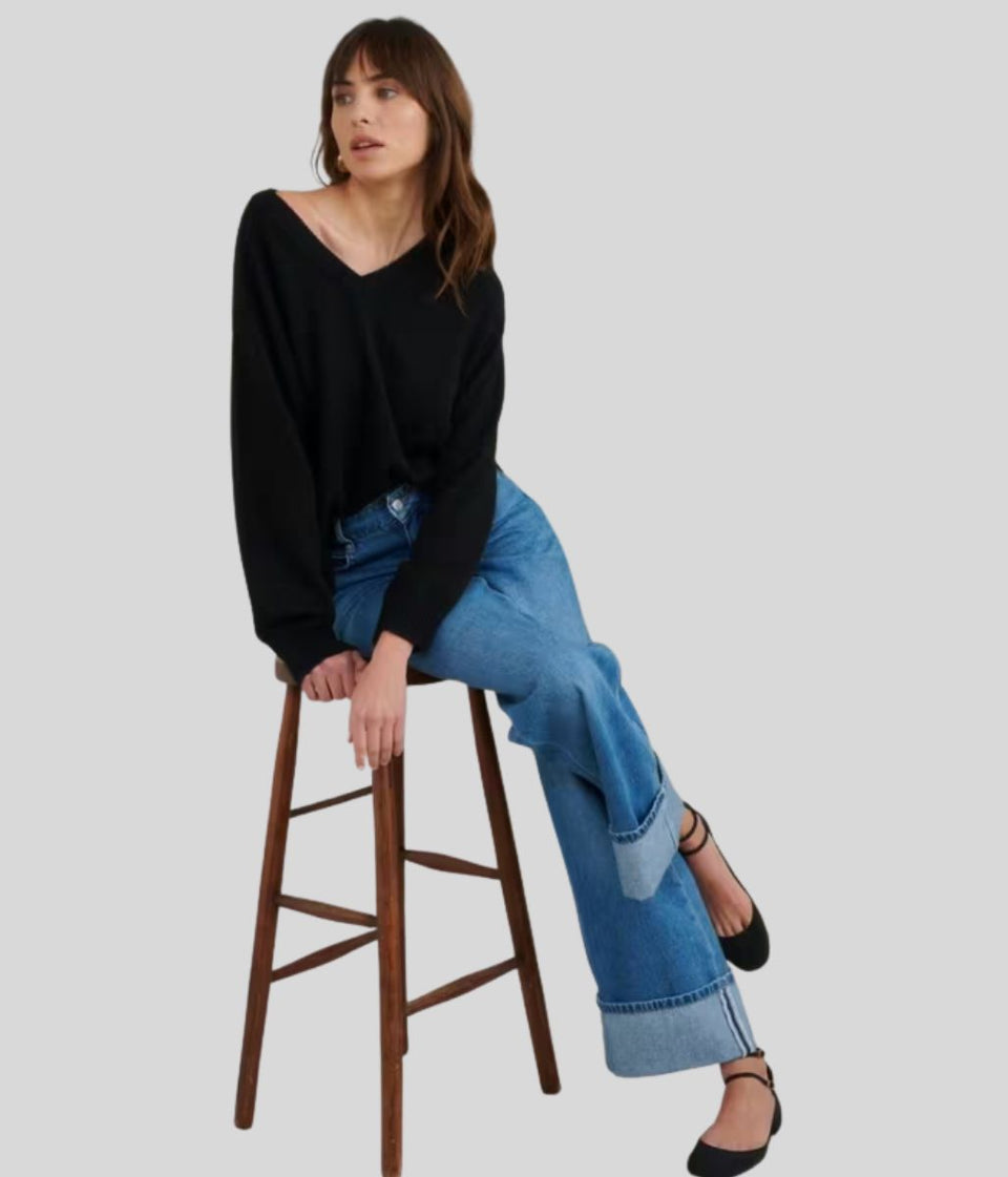 Black V Neck Raglan Jumper