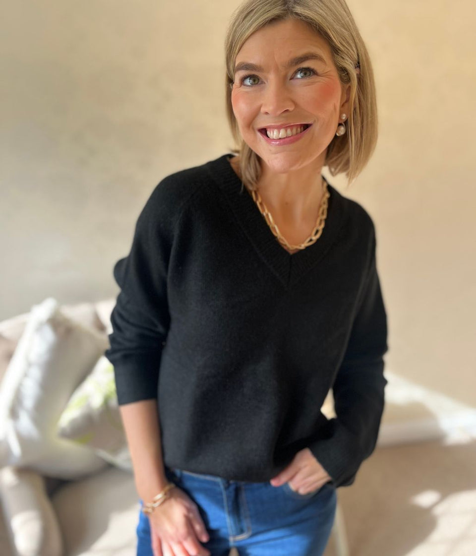 Black V Neck Raglan Jumper