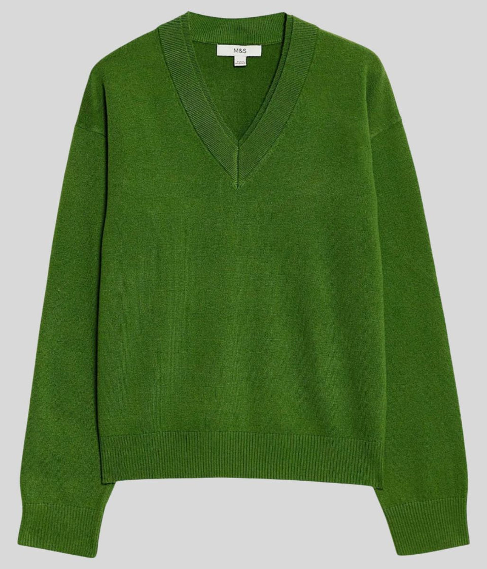 Women's Green Double V Neck Air Yarn Jumper