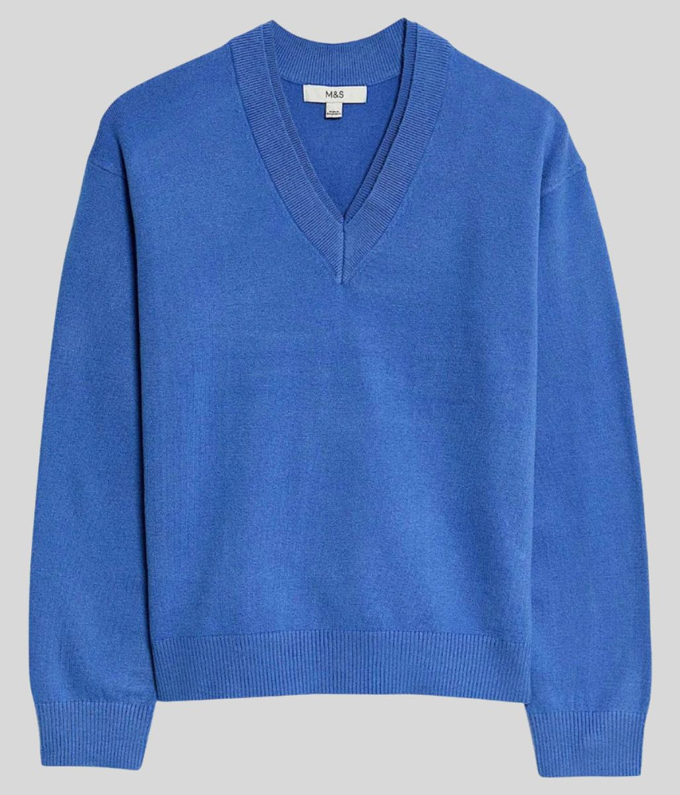 Women's Blue Double V Neck Air Yarn Jumper