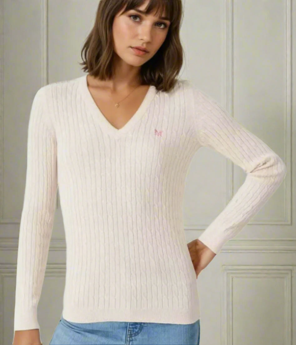Ivory V Neck Twisted Cable Jumper