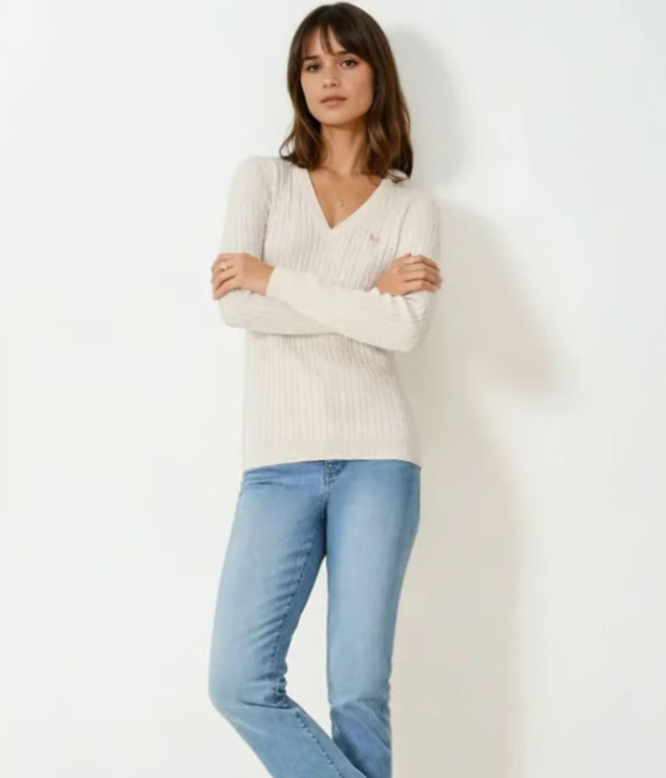 Ivory V Neck Twisted Cable Jumper