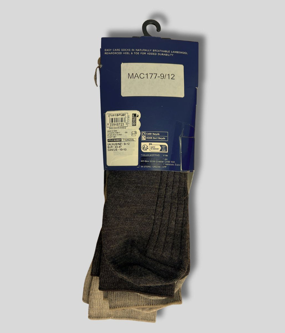 Brown Mix 3pk Mens Lambswool Rich Socks