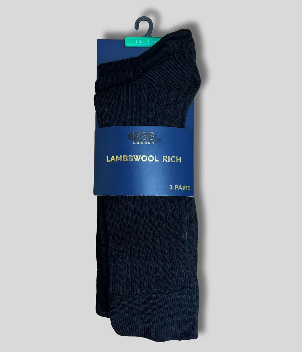 Black 3pk Mens Lambswool Rich Socks