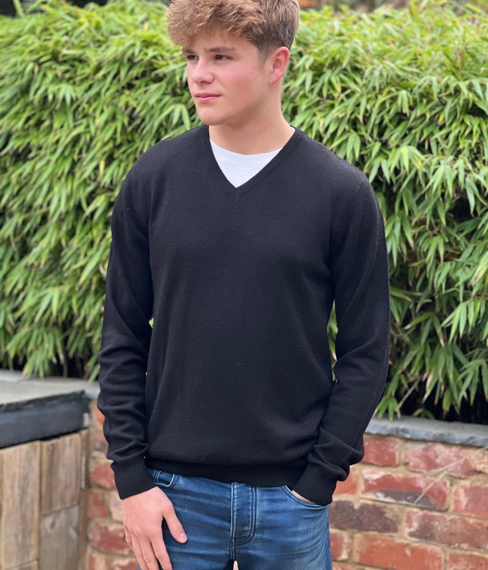 Black Men's Wool Rich V Neck Jumper