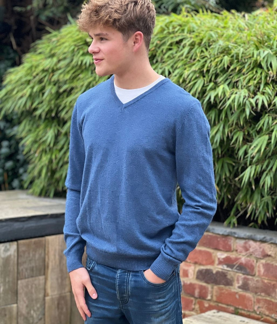 Blue Men's Wool Rich V Neck Jumper