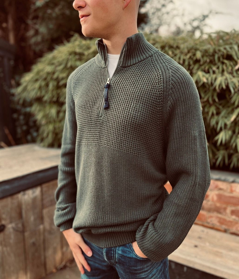 Green Mens 1/4 Zip Cotton Jumper