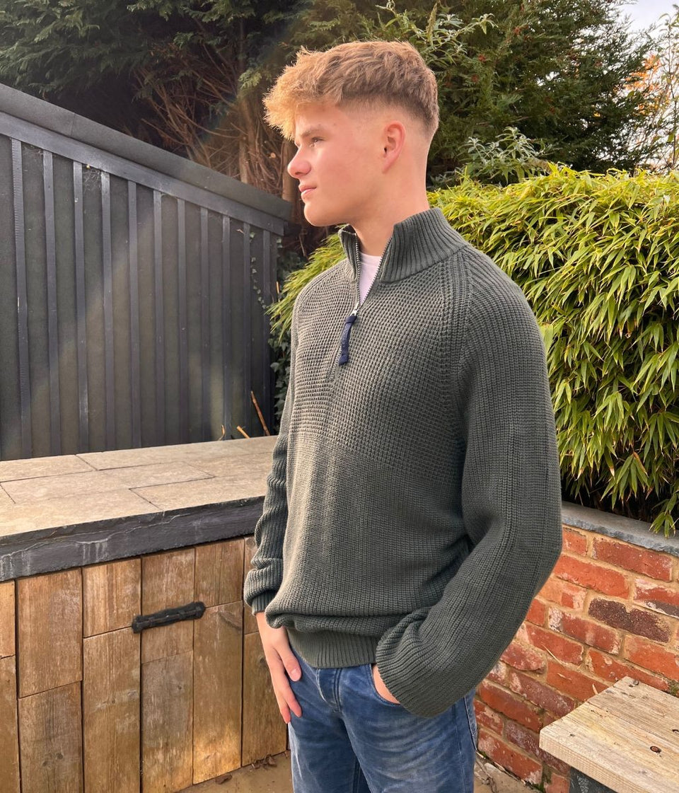 Green Mens 1/4 Zip Cotton Jumper