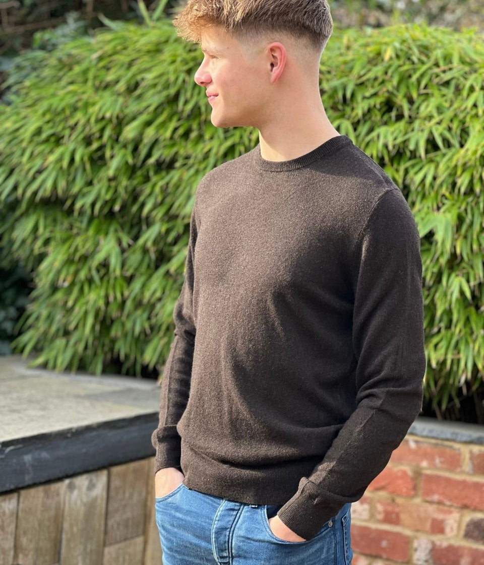 Chocolate Brown Mens Wool Blend Crew Neck Jumper