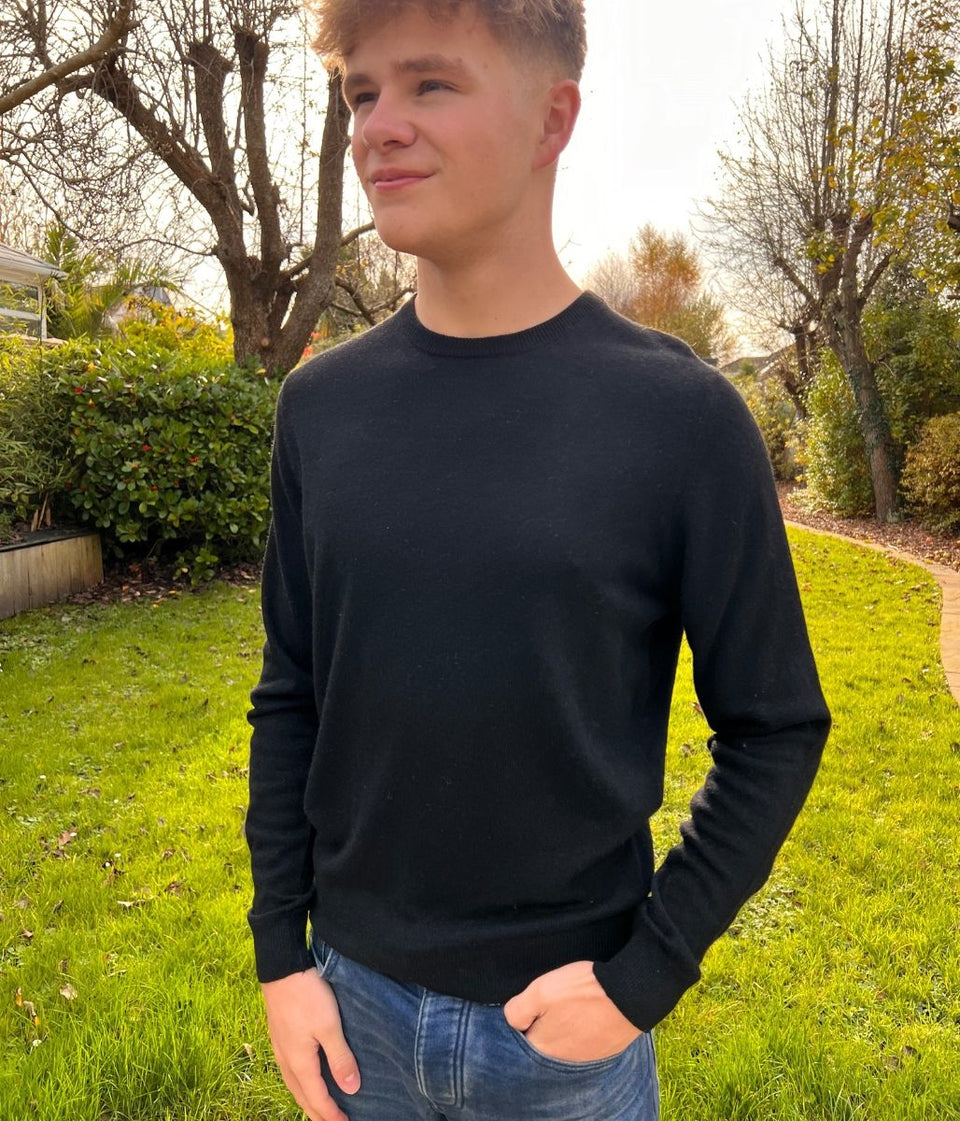 Black Mens Wool Blend Crew Neck Jumper