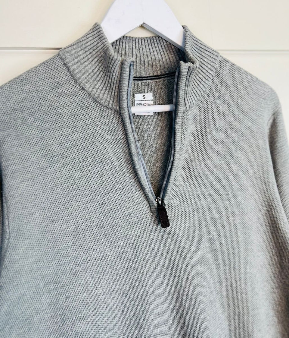 Mens Grey 1/4 Zip Cotton Jumper