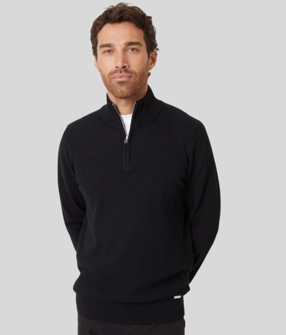 Man wearing a black quarter-zip sweater against a light gray background