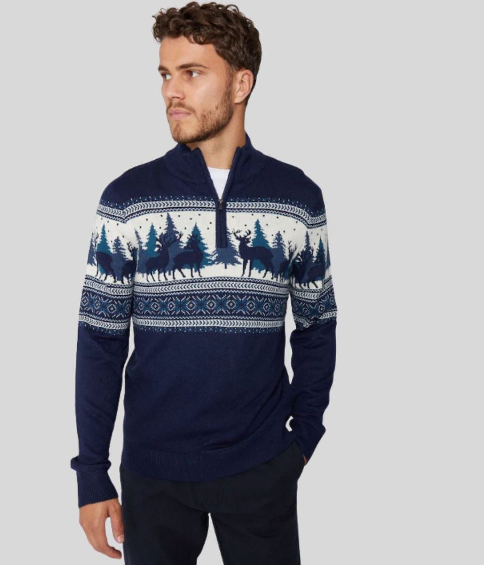 Mens Navy 1/4 Zip Woodland Festive Jumper