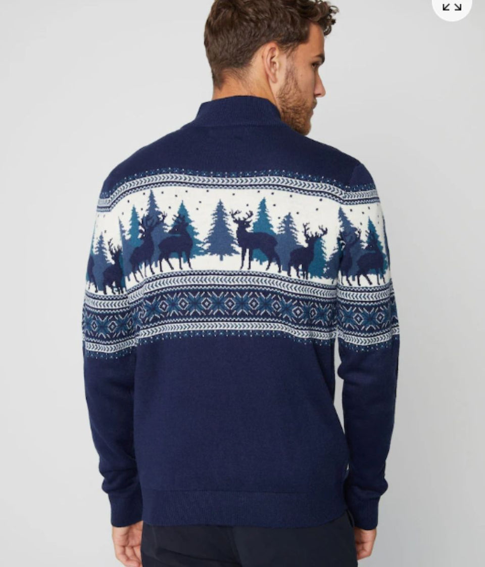 Mens Navy 1/4 Zip Woodland Festive Jumper