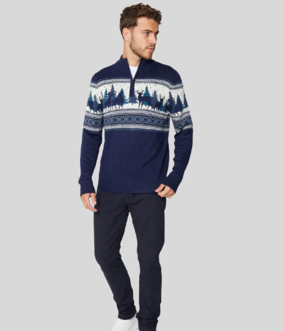 Mens Navy 1/4 Zip Woodland Festive Jumper