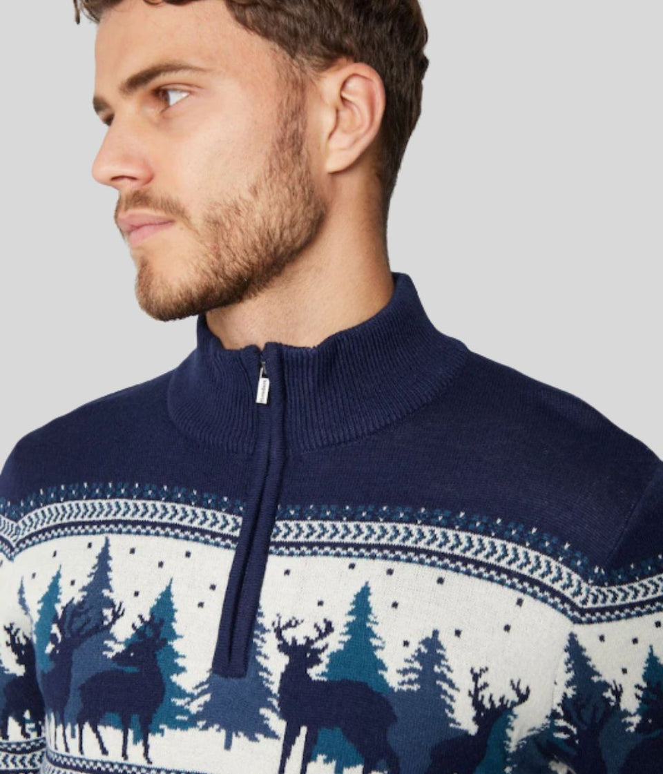 Mens Navy 1/4 Zip Woodland Festive Jumper