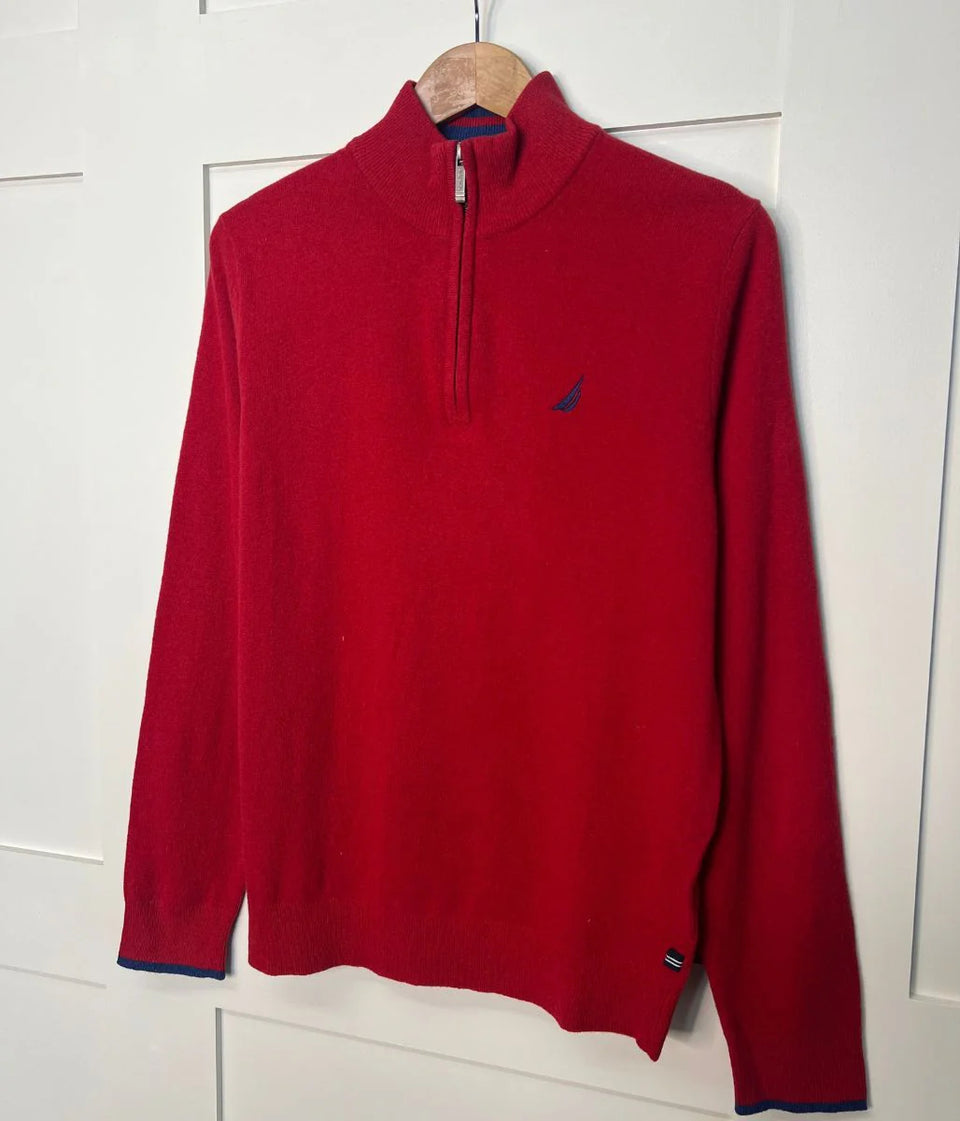 Red Mens Lambswool Rich 1/4 Zip Jumper