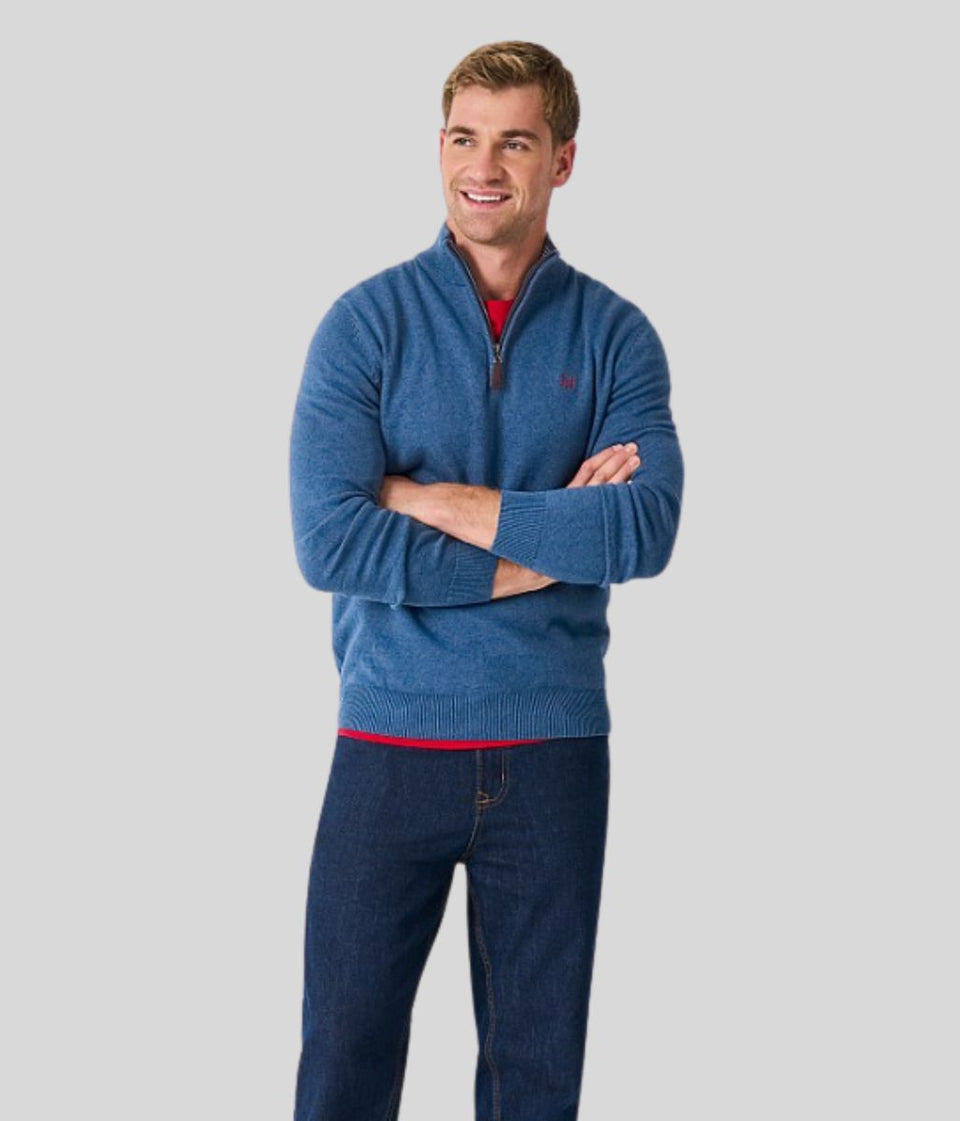 Blue Mens Cotton Half Zip Jumper