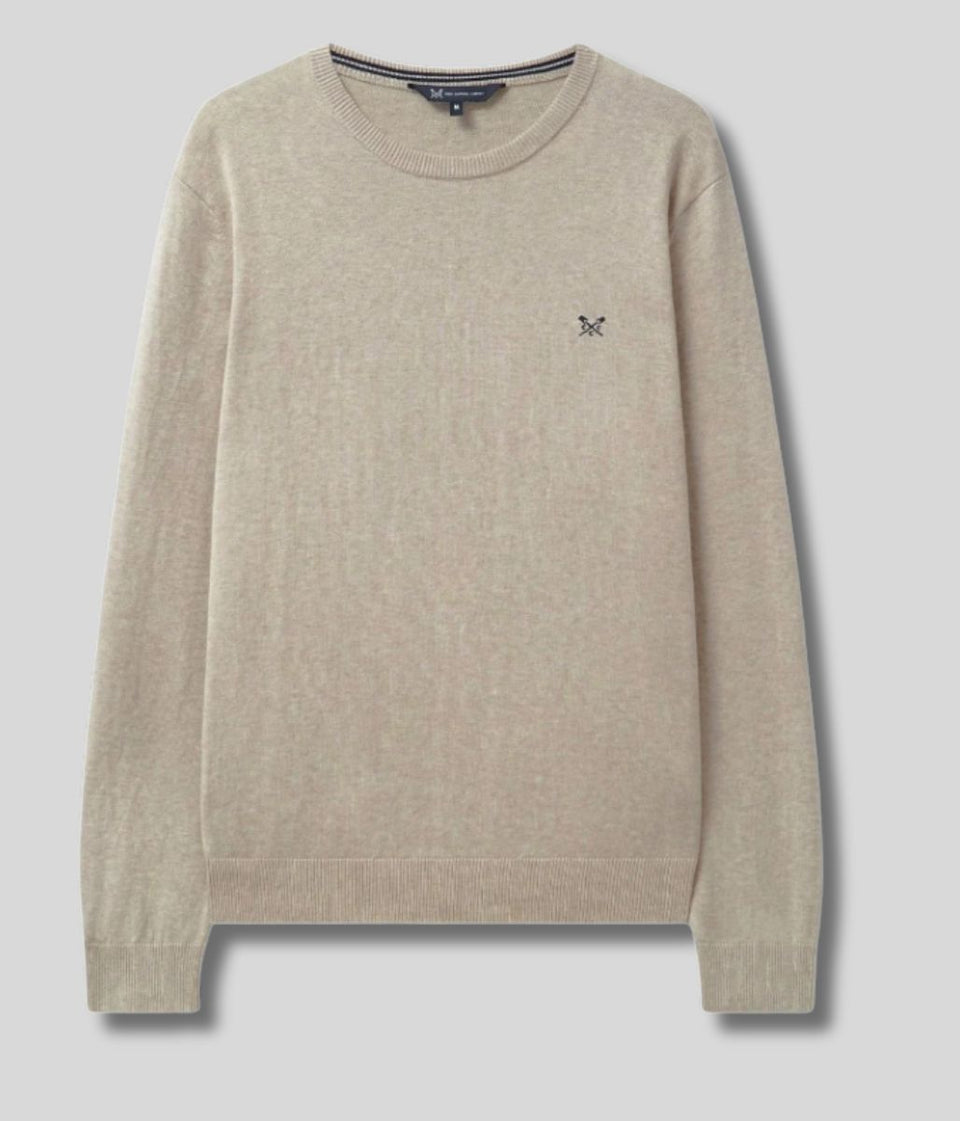 Beige Mens Cotton Crew Neck Logo Jumper
