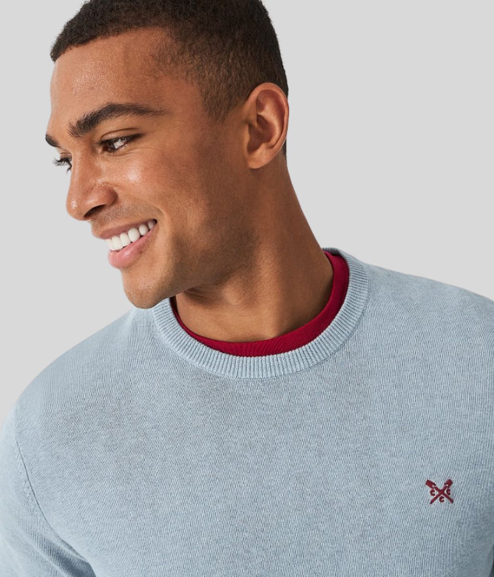 Blue Mens Cotton Crew Neck Logo Jumper